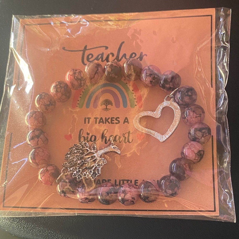 Teacher Gift: Pink and Black Beaded Bracelet with Heart Charm